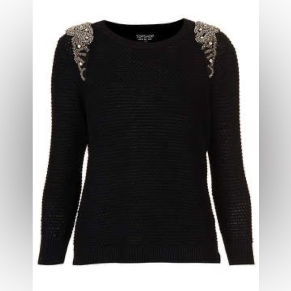 Topshop Black Crewneck Sweater with Shoulder Bead Embellishments size 10